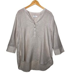 Chicos No‎ Iron Linen Tunic Top Womens Relaxed XL Beige Button V Neck 3/4 Sleeve